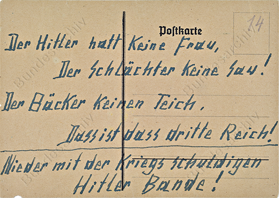 Von Otto und Elise Hampel verbreitete handschriftliche Postkarte gegen das NS-Regime